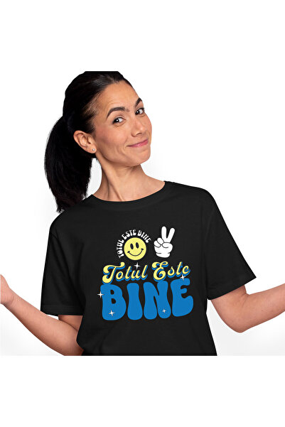 StoryGift Romania Tricou Femei cu Smiley Face Galben Mesaj Inspirational Totul Este Bine cu imprim,Black_XL