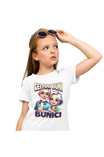 StoryGift Romania Tricou Copii cu Cuplu Vesel De Bunici Cool Cei mai Buni Bunici Familie, Parinti ,White_12ANI