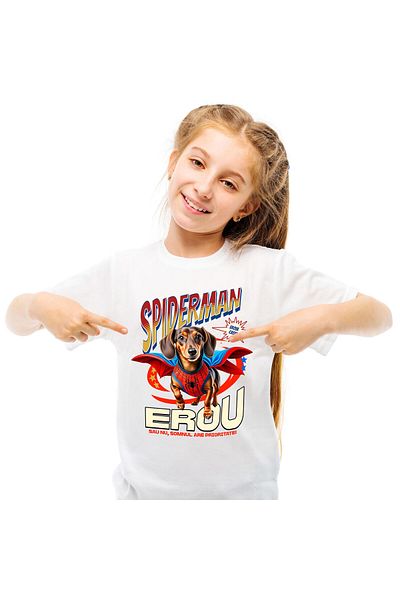StoryGift Romania Tricou Copii cu Teckel / Dachshund Caine In Costum de SpiderMan cu Pelerina, Ero,White_8ANI