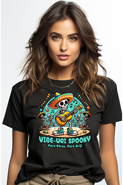 StoryGift Romania Tricou Femei Vibe-uri spooky fara stres, fara griji schelete cantand la chitara BLK_XL