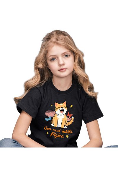 StoryGift Romania Kids T-Shirt with Cheerful Orange Cat with Furry Animal Smile, Lovers of M,Black_4ANI