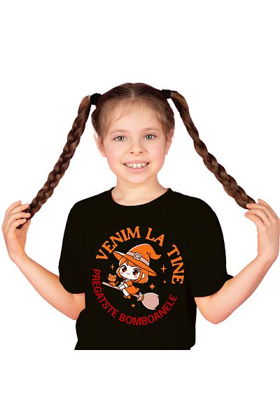 StoryGift Romania Tricou Copii cu Vrajitoare Pe Matura Cu Pisica Si Palarie ,Bomboane Hallowen cu ,Black_12ANI