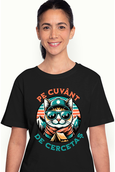 StoryGift Romania Tricou Femei pisica pe cuvant de cercetas aventura camping cu imprimeu pe Fata, BLK_L