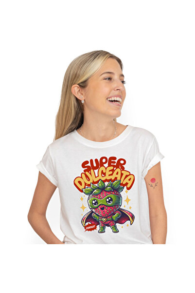 StoryGift Romania Tricou Femei cu Super Erou Capsuna Cu Capa Rosie, Fructe Si Legume, desene Anima,White_L