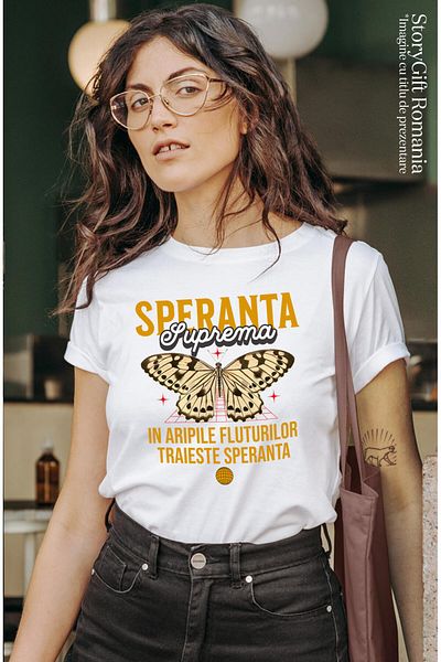 StoryGift Romania Tricou Femei cu Fluture Colorat Stele Stralucitoare Motivational Insecta Frumuse,White_L