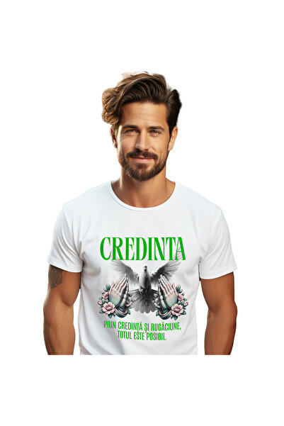 StoryGift Romania Tricou Barbati cu Porumbel Alb Puritate Maine Rugandu-se Cr...