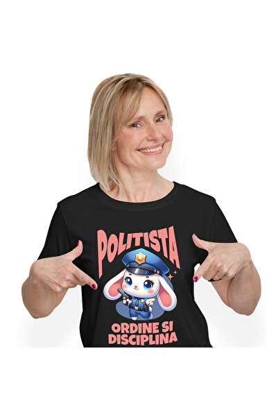 StoryGift Romania Tricou Femei cu Iepure Alb Cu Urechi Lungi Tinuta Politie Aparare Insigna Arma c,Black_L