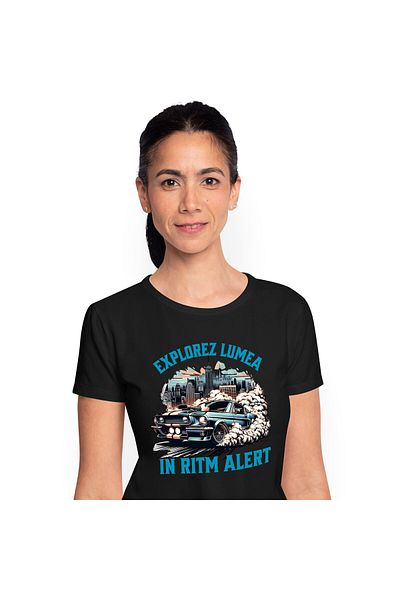 StoryGift Romania Tricou Femei cu Masina Viteza Tunata Vintige Albastra Oras Cu Cladiri Inalte cu ,Black_XS