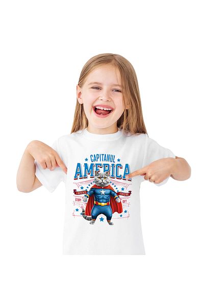 StoryGift Romania Tricou Copii cu Siamez / Siamese Pisica In Costum de Capitan America cu Pelerina,White_6ANI