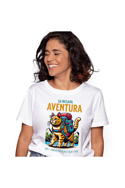 StoryGift Romania Tricou Femei cu Pisica Portocalie Cu Rucsac Gata De Aventur...