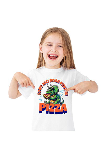StoryGift Romania Tricou Copii cu Dinozaur Verde Batran Cu Coarne Iubitor De Pizza Animal cu impri,White_6ANI