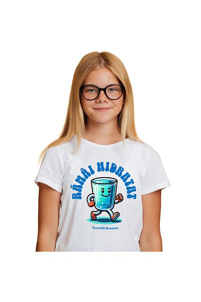 StoryGift Romania Tricou Copii cu Pahar De apa Vesel Mergand, Hidratare Bea Apa, Natura, Sanatate,,White_6ANI