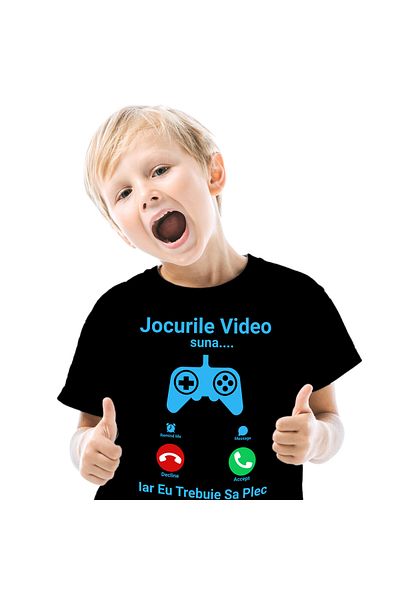 StoryGift Romania Children's T-shirt with Phone Call Video Game Controller, Call I Have to Go with Imp, Black_8ANI