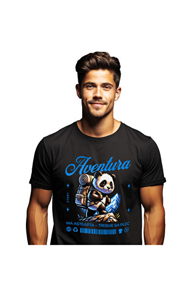 StoryGift Romania Tricou Barbati cu Urs Panda Cu Rucsac Imens Pe Munte, Natur...