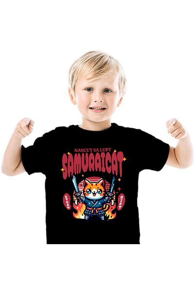 StoryGift Romania Kids T-shirt with Orange Cat with Samurai Costume Ninja Swords, Cartoons,,Black_12 YEARS