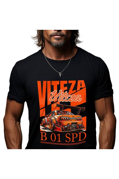 StoryGift Romania Tricou Barbati cu Masina Portocalie De Curse Numar 32 Viteza Pasionat De Curse I,Black_XS
