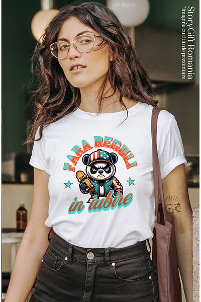 StoryGift Romania Tricou Femei Urs Panda Skater Suparat Fara Reguli In Iubire Cu Imprimeu Pe Fata, Wht_l