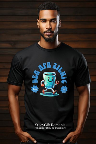 StoryGift Romania Tricou Barbati cu Pahar De apa In Mers Zambitor Gata De Aventura Hidratare, Apa ,Black_S