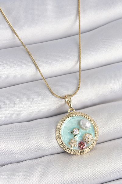 Clariss 316L Steel Gold Color Chain Blue Enamel Pearl Flower Embroidered Zircon Stone Detailed Medallion Model Women