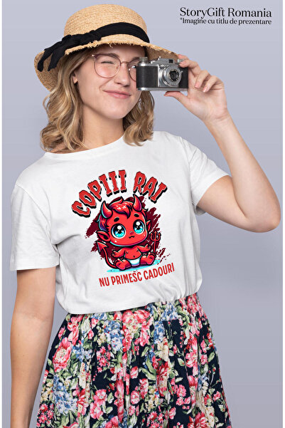 StoryGift Romania Women's T-shirt with Baby Red Devil With Fork And Horns, Kids, Hallowen, Candy, White_L