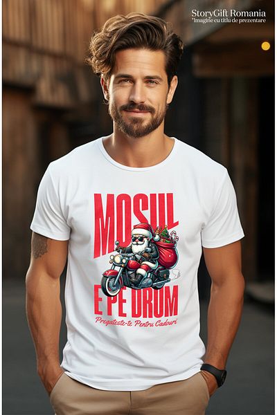 StoryGift Romania Tricou Barbati cu Mos Craciun Cool Pe Motocicleta,Cadouri, Iubitorii De Viteza, ,White_XL