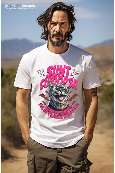 StoryGift Romania Tricou Barbati cu Pisica Haioasa Zambitoare Cu Colti Si Ochelari De Vedere cu im,White_XS