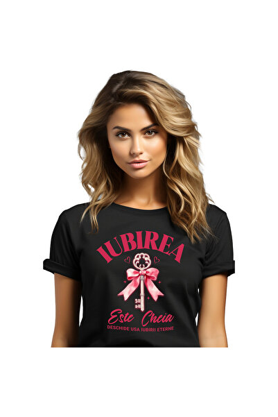 StoryGift Romania Tricou Femei cu Cheie De Argint Cu Funda Roz, Iubirea Este ...