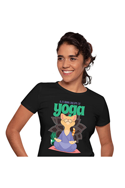 StoryGift Romania Tricou Femei cu Pisica In Tinuta Mov Pozitie Yoga Relaxare ...