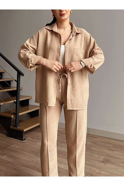 studio fashion 1988 Women's Beige Cotton Linen Aerobin Shirt Pants Double Set