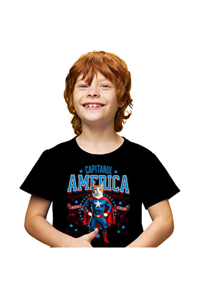 StoryGift Romania Children's T-shirt with Siamese Cat in Captain America Costume with Cape, Black_6 YEARS