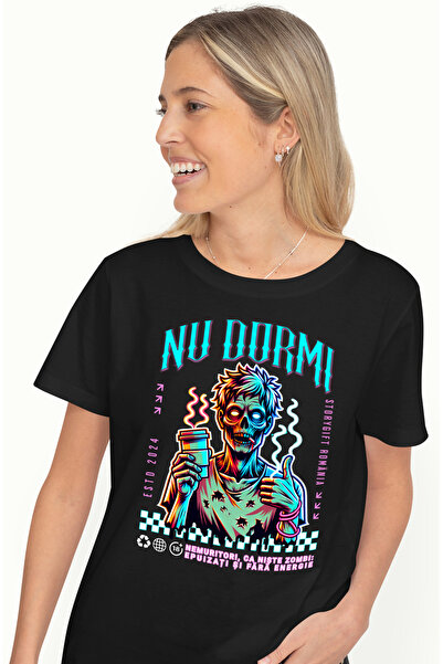 StoryGift Romania Tricou Femei zombie cu cafea si tigara Nu dormi stres cu imprimeu pe Fata, 100% BLK_XS