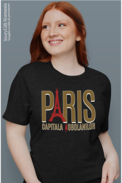 StoryGift Romania Tricou Femei Turnul Eiffel Paris Oras Text Capitala Sobolanilor cu imprimeu pe F BLK_M