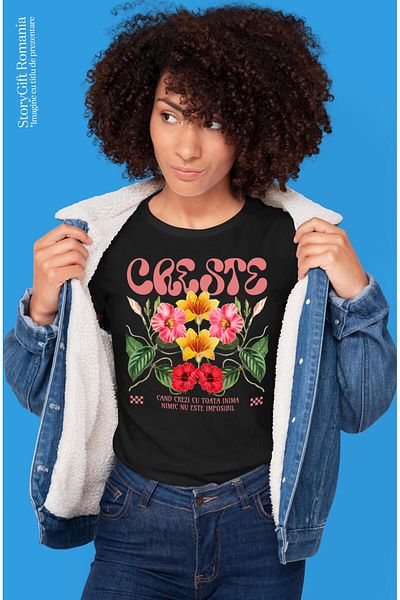 StoryGift Romania Tricou Femei cu Flori Colorate, Natura, Pictura, Viata cu imprimeu pe Fata, 100%,Black_L
