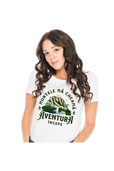 StoryGift Romania Tricou Femei cu Munte Inalt Silueta barbat Cu Cortul, Rau Albastru, Natura, Apus,White_M