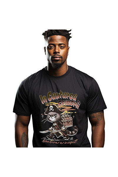 StoryGift Romania Tricou Barbati cu Pisica Pirat Cu Palarie Si Cufar Cranii, ...