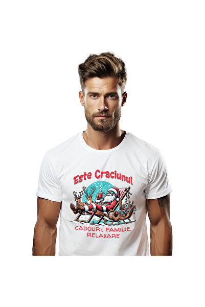 StoryGift Romania Tricou Barbati cu Mos Craciun Vesel pe Sezlong Cu Ciocolata...