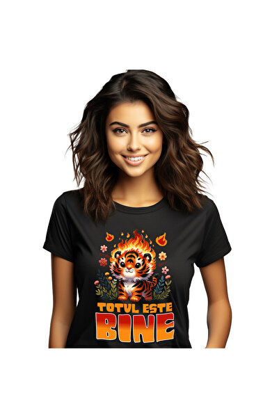 StoryGift Romania Tricou Femei cu Tigru Pui Animat In Flacari In Natura Flori...