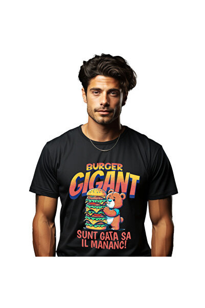 StoryGift Romania Tricou Barbati cu Urs De Plus Cu Burger Gigant Fast Food mancare Animal cu impri,Black_S