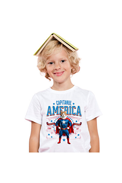 StoryGift Romania Children's T-shirt with Siamese Cat in Captain America Costume with Cape,White_8ANI