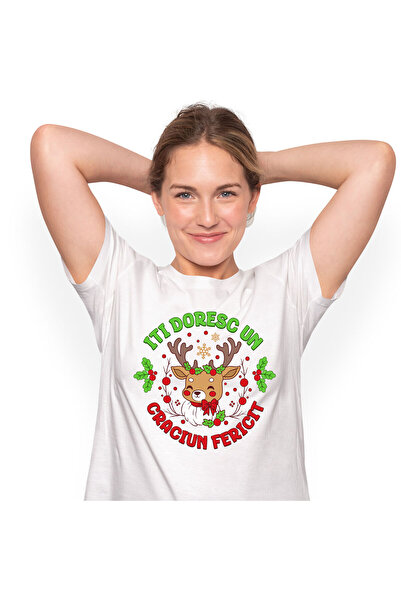 StoryGift Romania Tricou Femei cu Ren Cu Coarne Lungi Impodobite, Craciun, Globuri, Vasc, Cadouri ,White_M