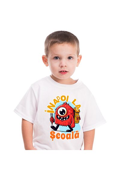 StoryGift Romania Kids T-Shirt with One-Eyed Monster with Backpack and Pencil Ready for School, Vacation, ,White_12ANI