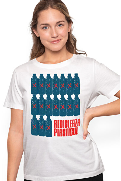 StoryGift Romania Tricou Femei recicleaza plasticul sticle reciclare poluare cu imprimeu pe Fata, WHT_XS