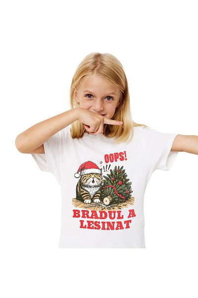 StoryGift Romania Tricou Copii cu Pisica Grasa Cu Caciula Mos craciun, Bradul Cazut, Daramat, Anim,White_10ANI