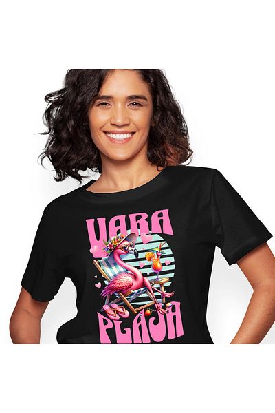 StoryGift Romania Women's T-shirt with Pink Famingo Pasha with Floral Hat Cocktail Relaxed with Print,Black_XL