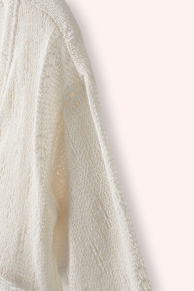 Panço Kız Bebek Delikli Triko Örme Ekru Hırka