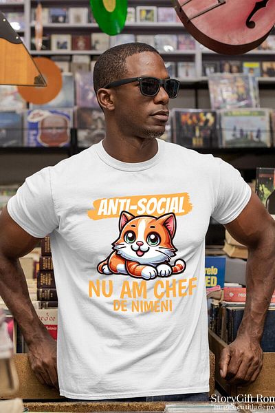 StoryGift Romania Men's T-Shirt with Cheerful Orange Cat Green Eyes Fluffy Animals, Cats, White_M