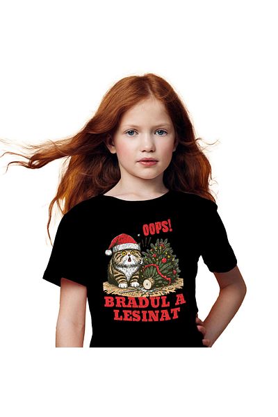 StoryGift Romania Tricou Copii cu Pisica Grasa Cu Caciula Mos craciun, Bradul Cazut, Daramat, Anim,Black_6ANI