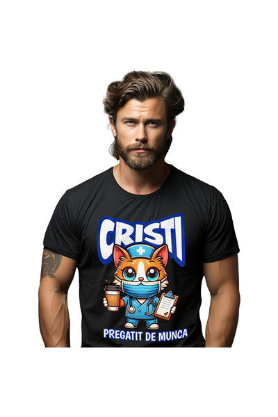 StoryGift Romania Tricou Barbati cu Pisica Galbena Motan In Costum Medical Do...