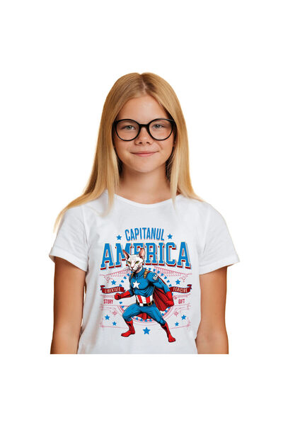 StoryGift Romania Kids T-Shirt with Sphynx Cat in Captain America Costume with Cape, Hero of the Night, White_10ANI