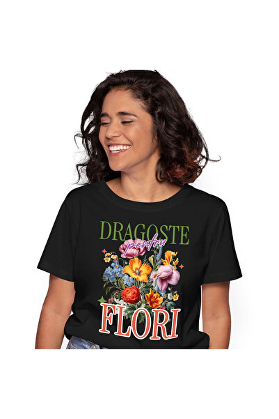 StoryGift Romania Tricou Femei cu Buchet De Flori Colorate,Natura Dragoste, cadou, Valentine's Day,Black_XS